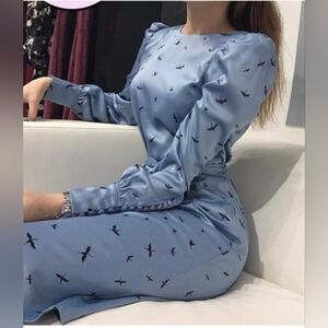 H&M Light Blue Dress with Black Bird Design